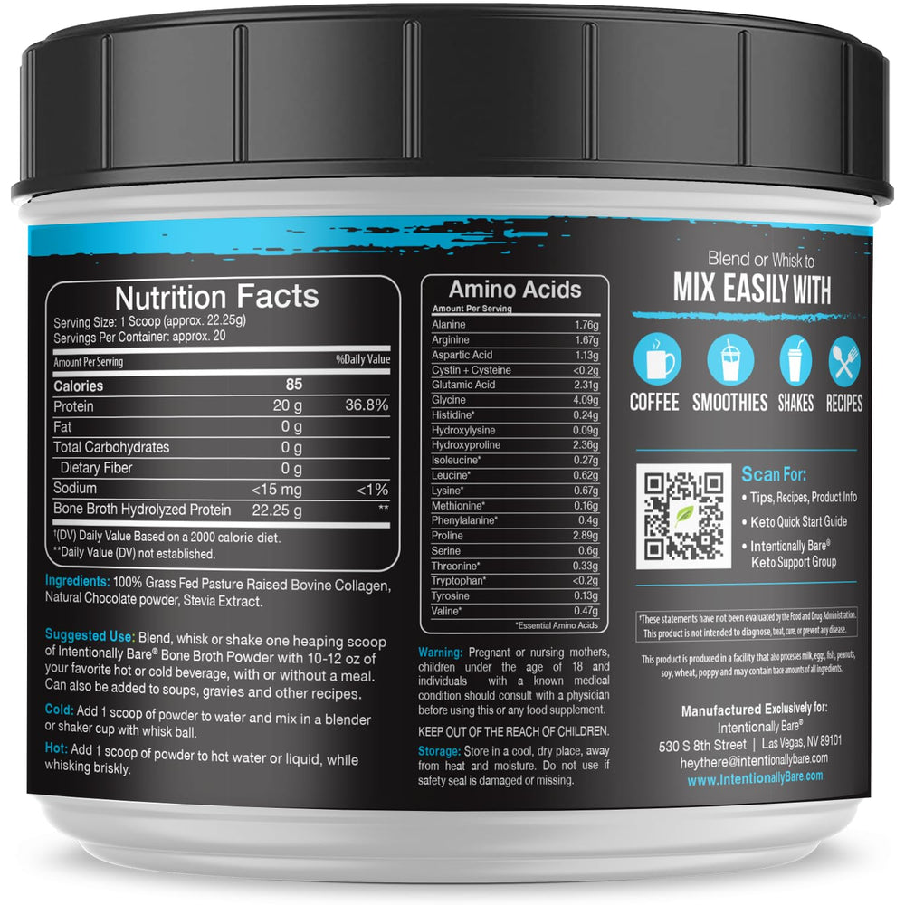 Intentionally Bare bone broth protein powder chocolate blended into a smoothie