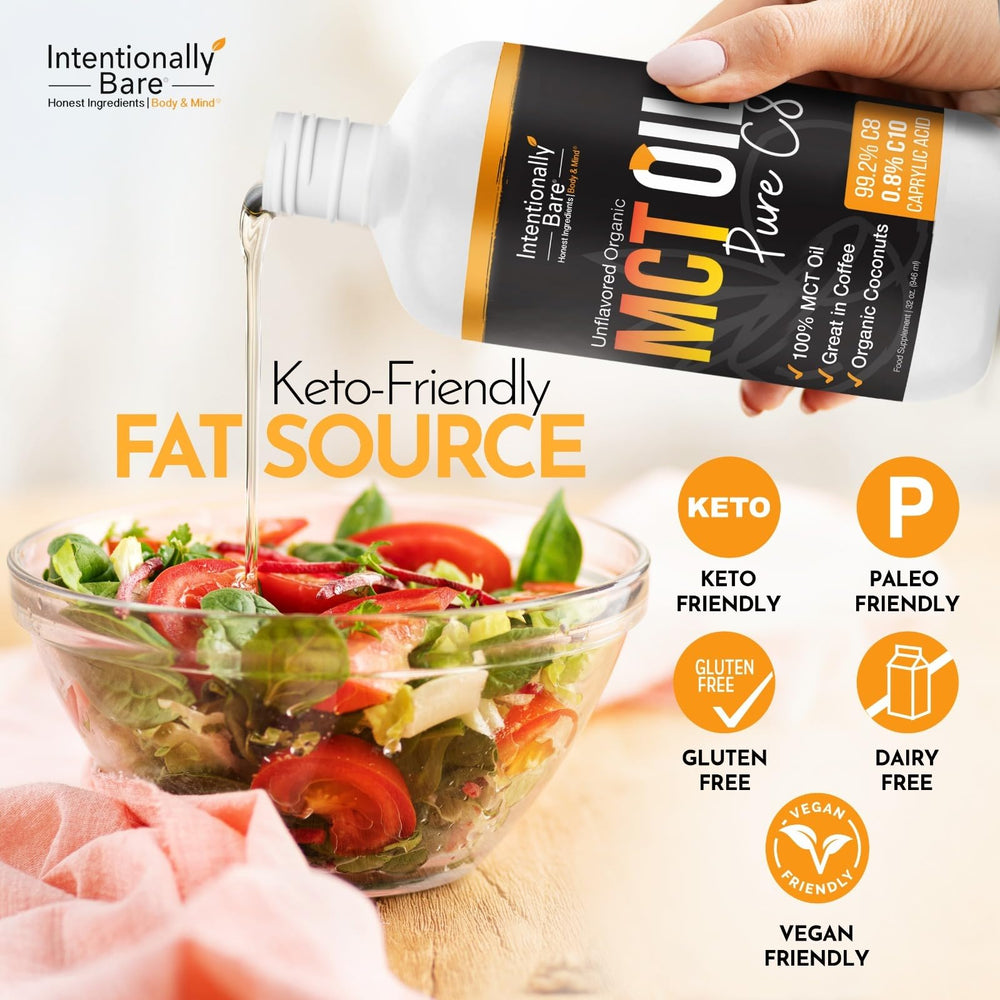 Intentionally Bare MCT Oil with coffee on kitchen counter—energy-ready mornings.