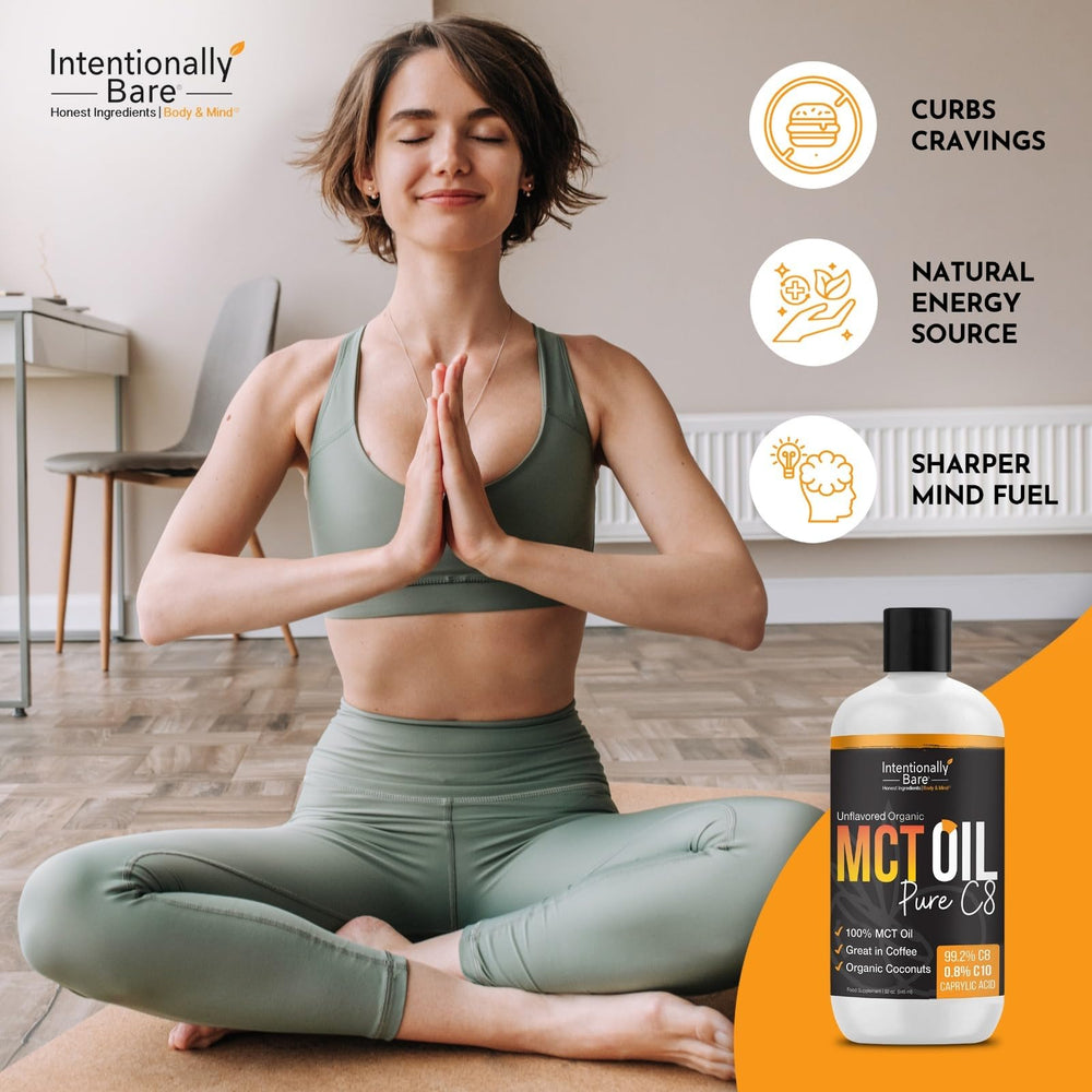 Intentionally Bare MCT Oil ingredient closeup—organic coconut base, simple ingredients.