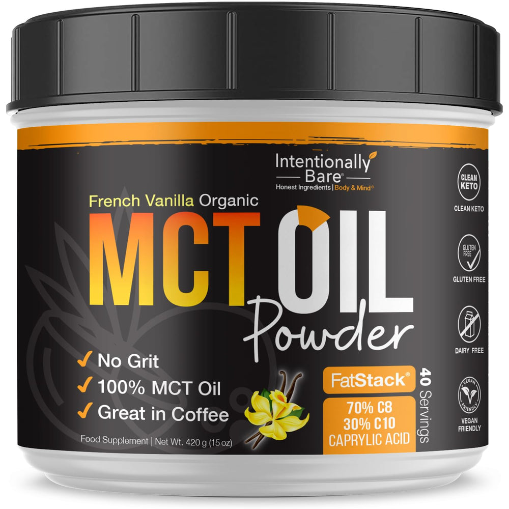 Intentionally Bare MCT Oil Powder bottle shows keto-friendly coffee creamer option