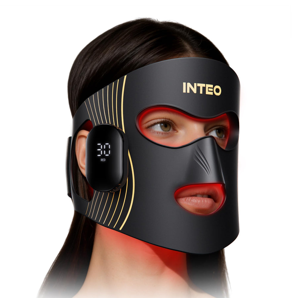 INTEO red light therapy mask with four modes for at-home skin rejuvenation.