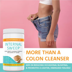 Internal Sweep powder texture highlights blended herbs and fibers for gut-friendly cleanse.