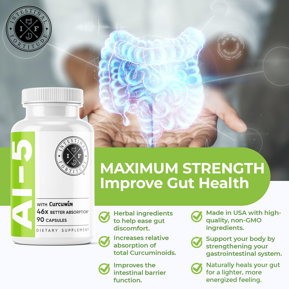 Intestinal Fortitude AI-5 ginger root slices highlight soothing digestive comfort.