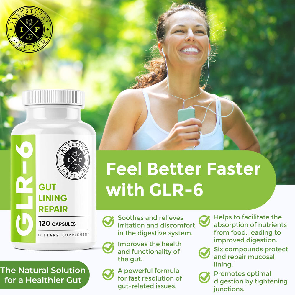Intestinal Fortitude GLR-6 packaging box focused on ingredients and dietary traits.