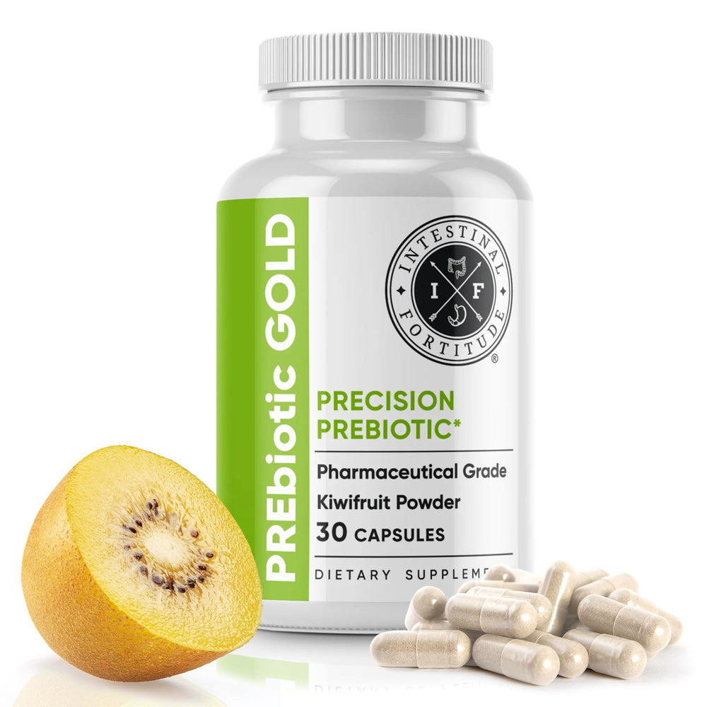 Intestinal Fortitude PREbiotic Gold kiwifruit powder bottle highlighting gut balance