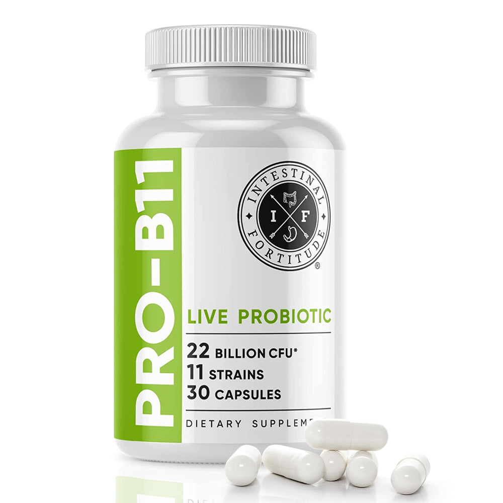 Intestinal Fortitude PRO-B11 bottle front highlighting daily gut support.