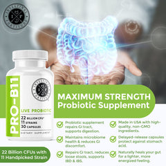 Intestinal Fortitude PRO-B11 capsules closeup emphasizing 22B CFU and strains.
