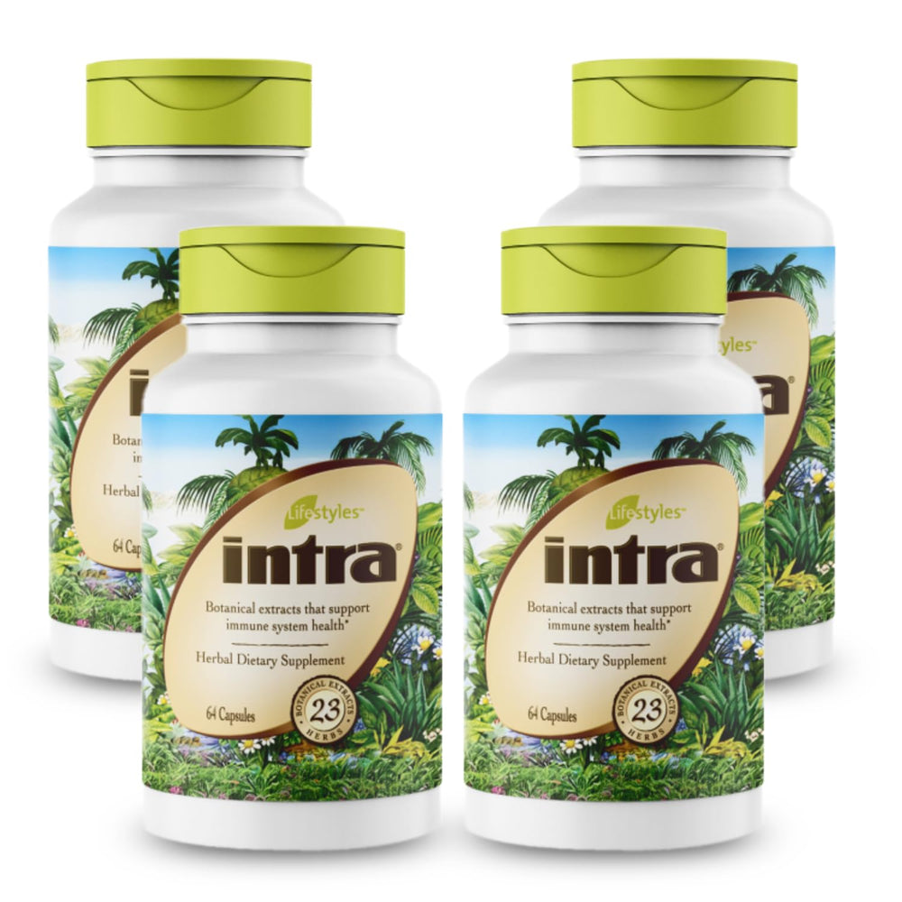 Intra Lifestyles Capsules bottle pour showing herbal supplement for daily immune and detox support.