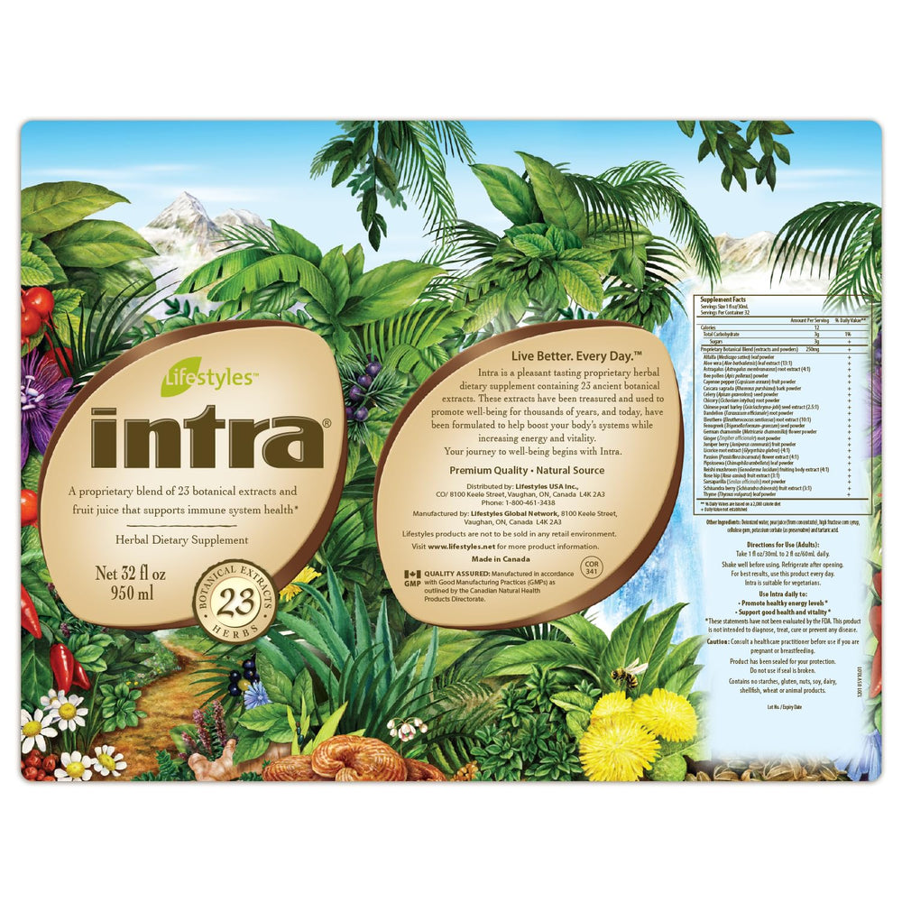 Intra Lifestyles Herbal Juice Drink bottle closeup highlighting fruit juice base and botanicals.