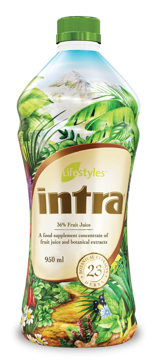 Intra Lifestyles Herbal Juice bottle front view showcasing detox and immune support potential