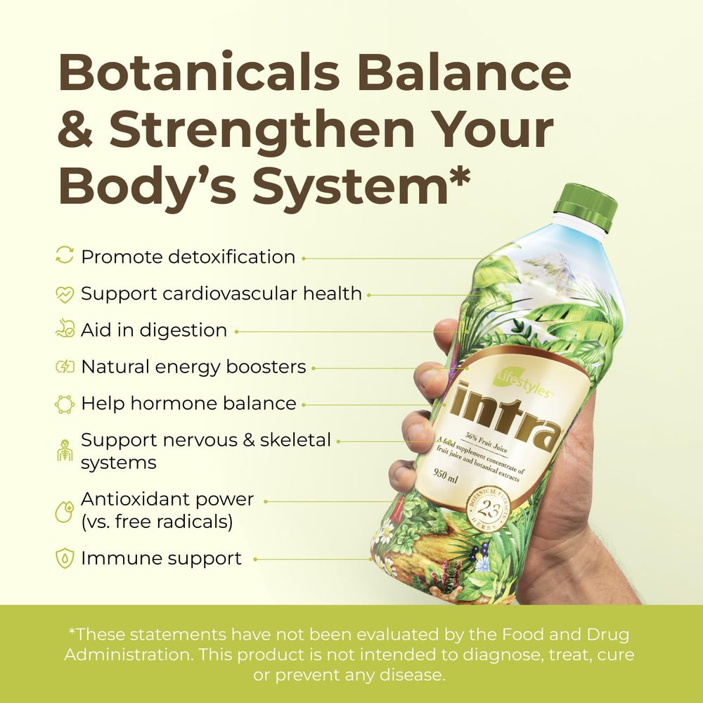 Intra Lifestyles Herbal Juice Drink glass with ice for refreshing daily energy.