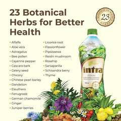 Intra Lifestyles Herbal Juice Drink ingredients scene featuring 23 botanicals.