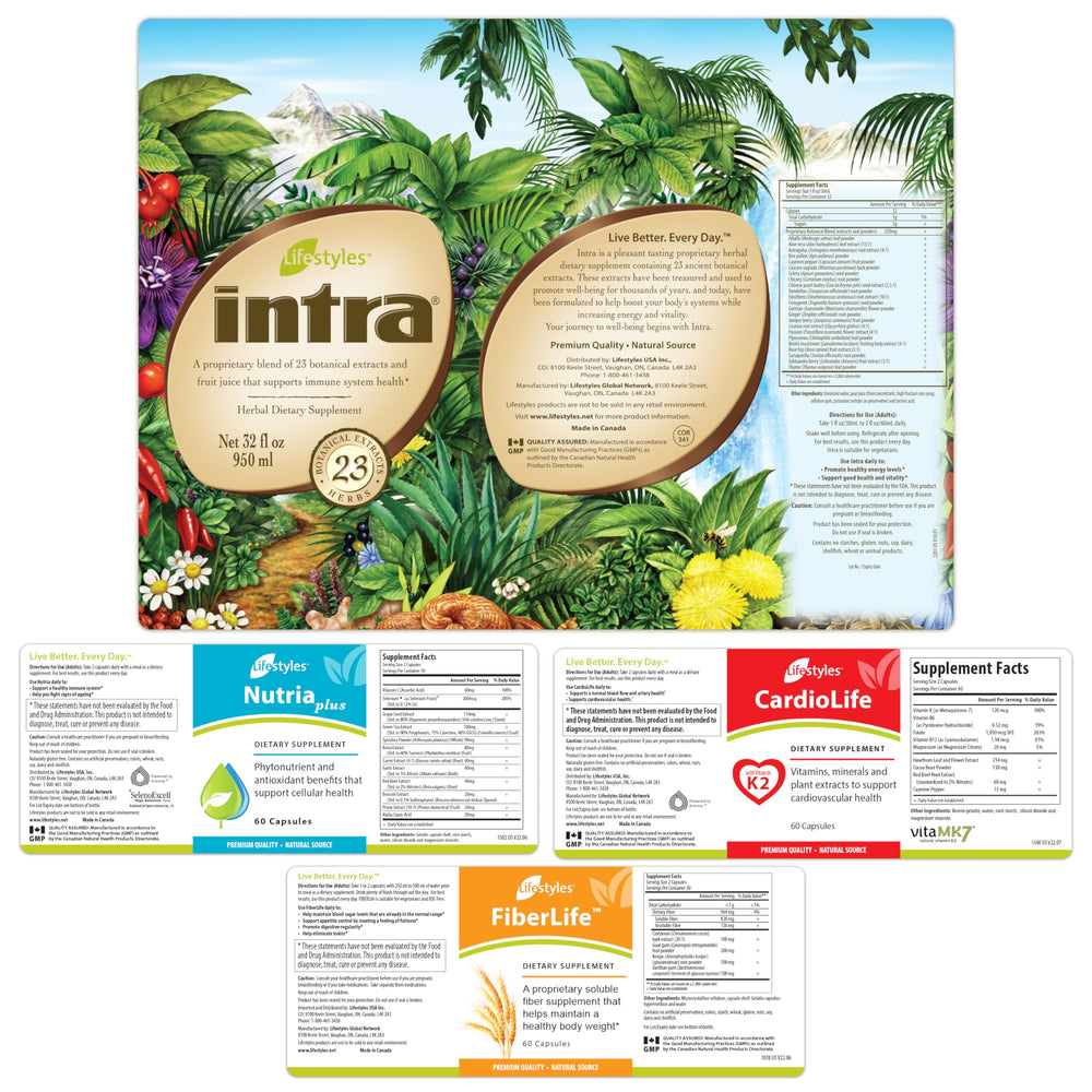 Intra Liquid herbal juice bottle close-up shows natural botanicals.