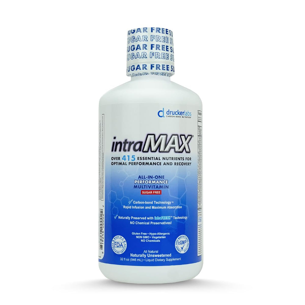 Intramax Drucker Labs bottle front showing organic sugar-free multivitamin for daily energy.