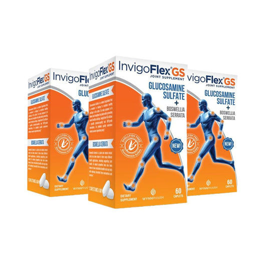 INVIGOFLEX glucosamine sulfate bottle showing shellfish-free formula for daily joint support
