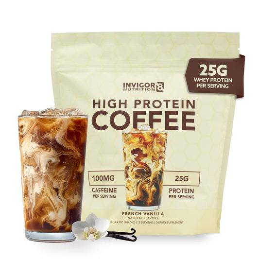 INVIGOR8 high protein coffee powder vanilla scoop dissolving for a quick morning boost.