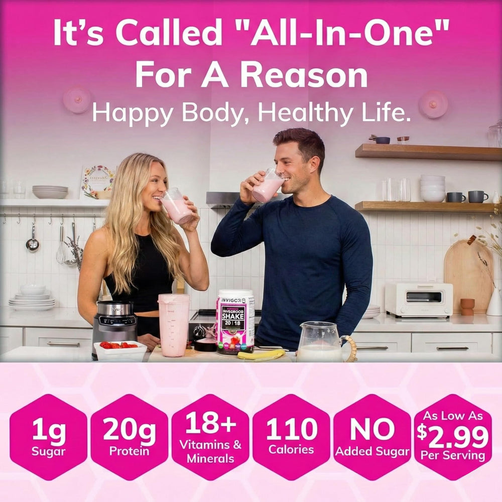 INVIGOR8 Superfood Shake dispense-pour shows easy mixing and pourable shake.