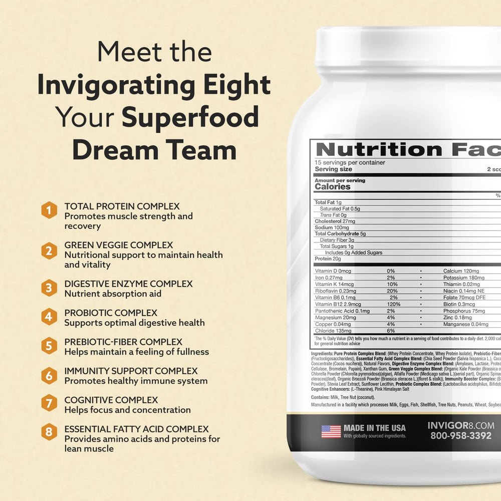 INVIGOR8 Superfood Shake glass pouring for quick, protein-packed nourishment