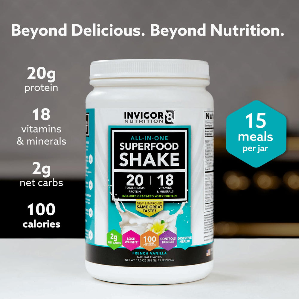 INVIGOR8 scoop of ingredients showcases probiotics and greens for digestion support.