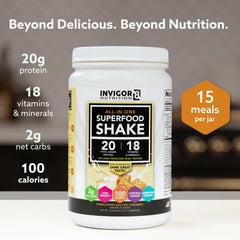 INVIGOR8 Superfood Shake packaging highlighting gluten-free and non-GMO quality