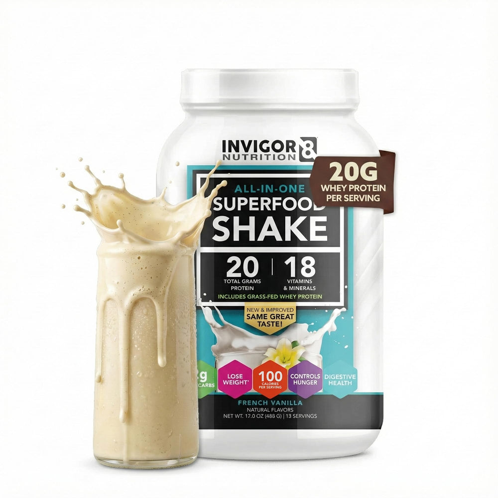 INVIGOR8 vanilla shake bottle highlights gluten-free, non-GMO formulation.