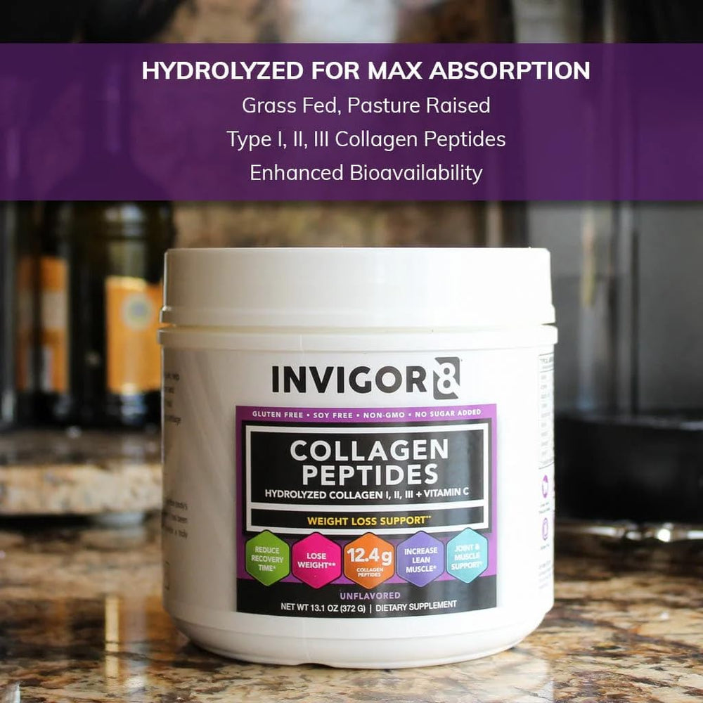 Invigor8 unflavored powder dissolving quickly into beverages for daily use.