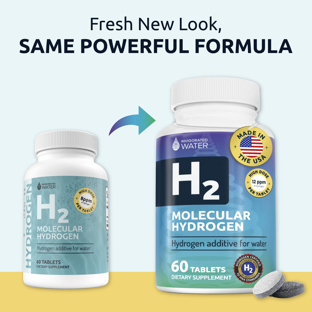 Invigorated Water tablets with no additives emphasizing pure hydrogen tablets.