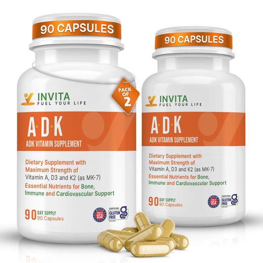 INVITA ADK bottle front showing packaging for bone and immune support, gluten free.