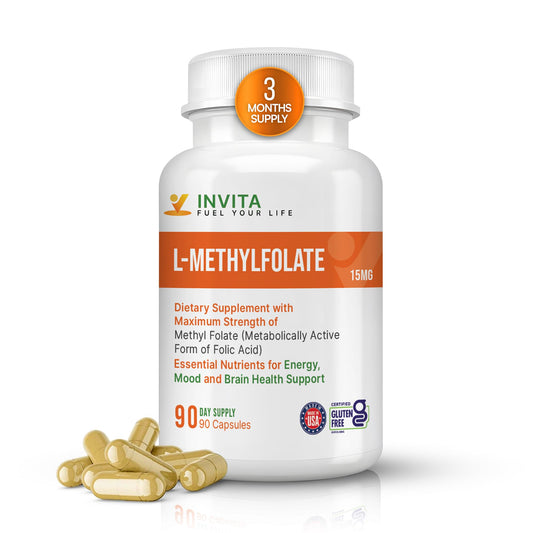 INVITA L-Methylfolate bottle with 90 capsules for daily energy support.