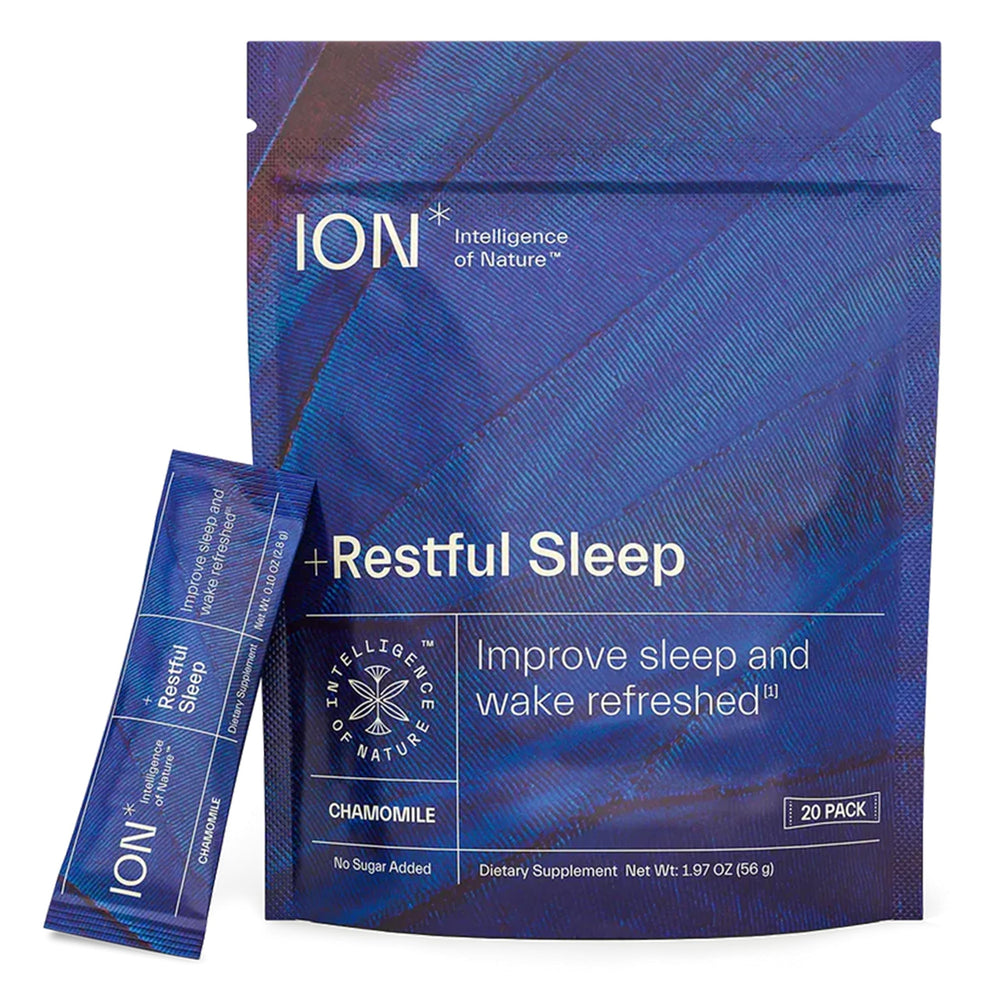 ION Restful Sleep ashwagandha powder packet promotes calming nightly routine