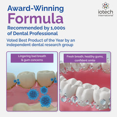 ioRinse alcohol-free label close-up, signaling gentler oral care without alcohol.