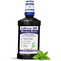 ioRinse MR bottle front with mint flavor and 1 L size for easy relief.