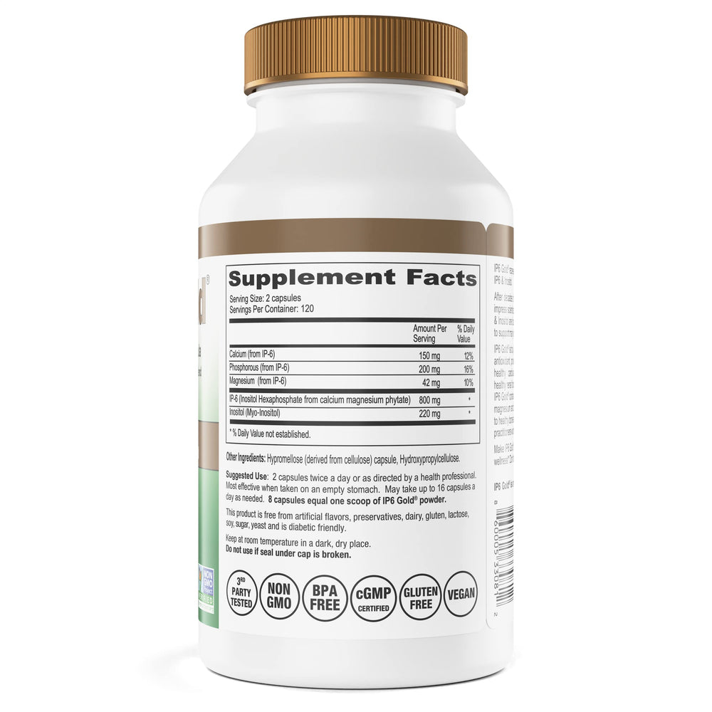 IP6 Gold label close-up highlighting Non-GMO certification and US-made quality.