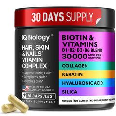 IQ BIOLOGY Biotin 10000mcg bottle for convenient daily beauty support