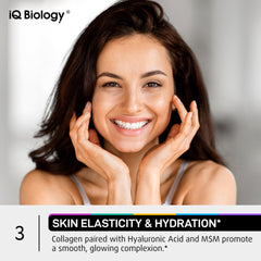 IQ BIOLOGY hair skin nails glow image hints at radiant-looking skin and stronger strands.