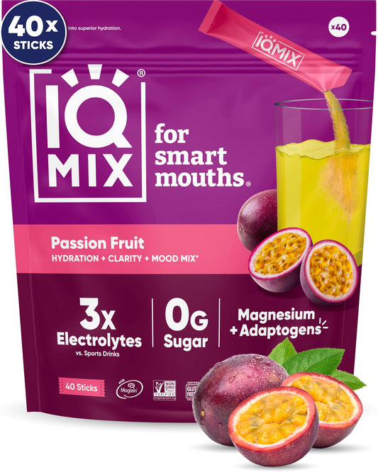 IQMIX passion fruit powder packet ready to mix for quick hydration and flavor.
