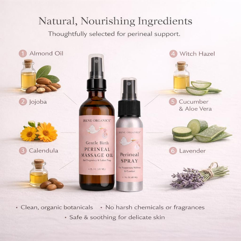Irene Organics herbal perineal oil ingredients highlight natural elasticity.