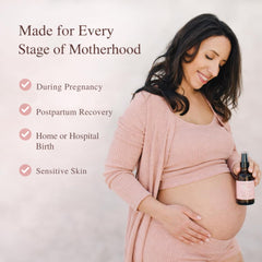 Irene Organics perineal massage oil use shown as gentle, soothing routine.