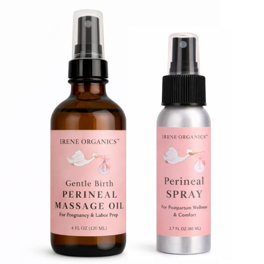 Irene Organics perineal massage oil bottle promoting comfort during late pregnancy.