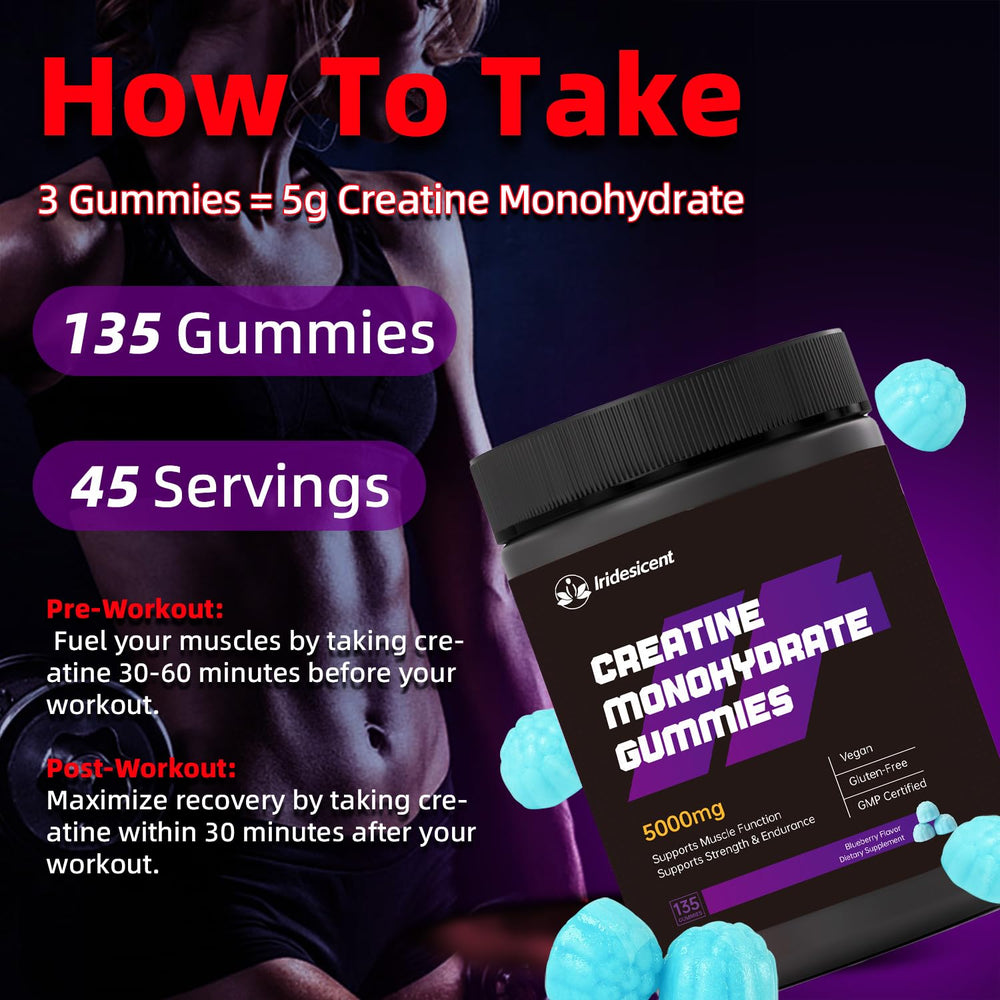 IRIDESICENT Creatine Monohydrate Gummies serving image highlighting 5000 mg per gummy.