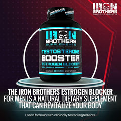 Iron Brothers Men's Testosterone Support product-label shows vegan-friendly capsule information.