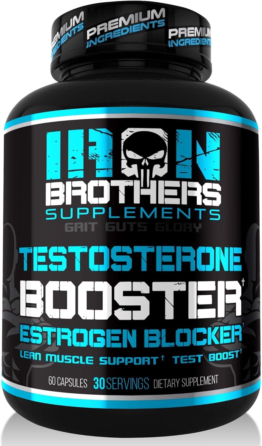 Iron Brothers Testosterone Booster bottle front supports daily estrogen balance for workouts.