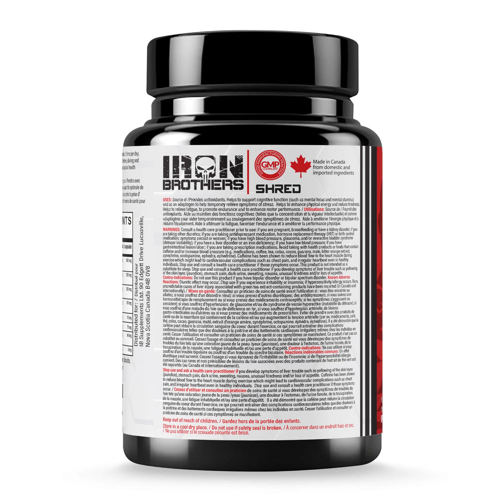 Iron Brothers Thermogenic Fat Burner label close-up highlighting key ingredients.