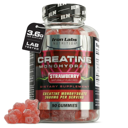Iron Labs Nutrition Creatine Monohydrate Gummies bottle front for convenient chewable performance support.