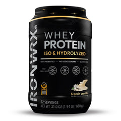 IRONWRX hydrolyzed whey vanilla tub front for high-protein fueling between workouts.