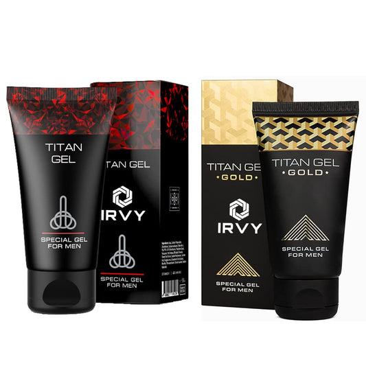 Irvy Titan Gel Gold original bottle shown for premium massage experience.