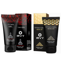 Irvy Titan Gel Gold original bottle shown for premium massage experience.