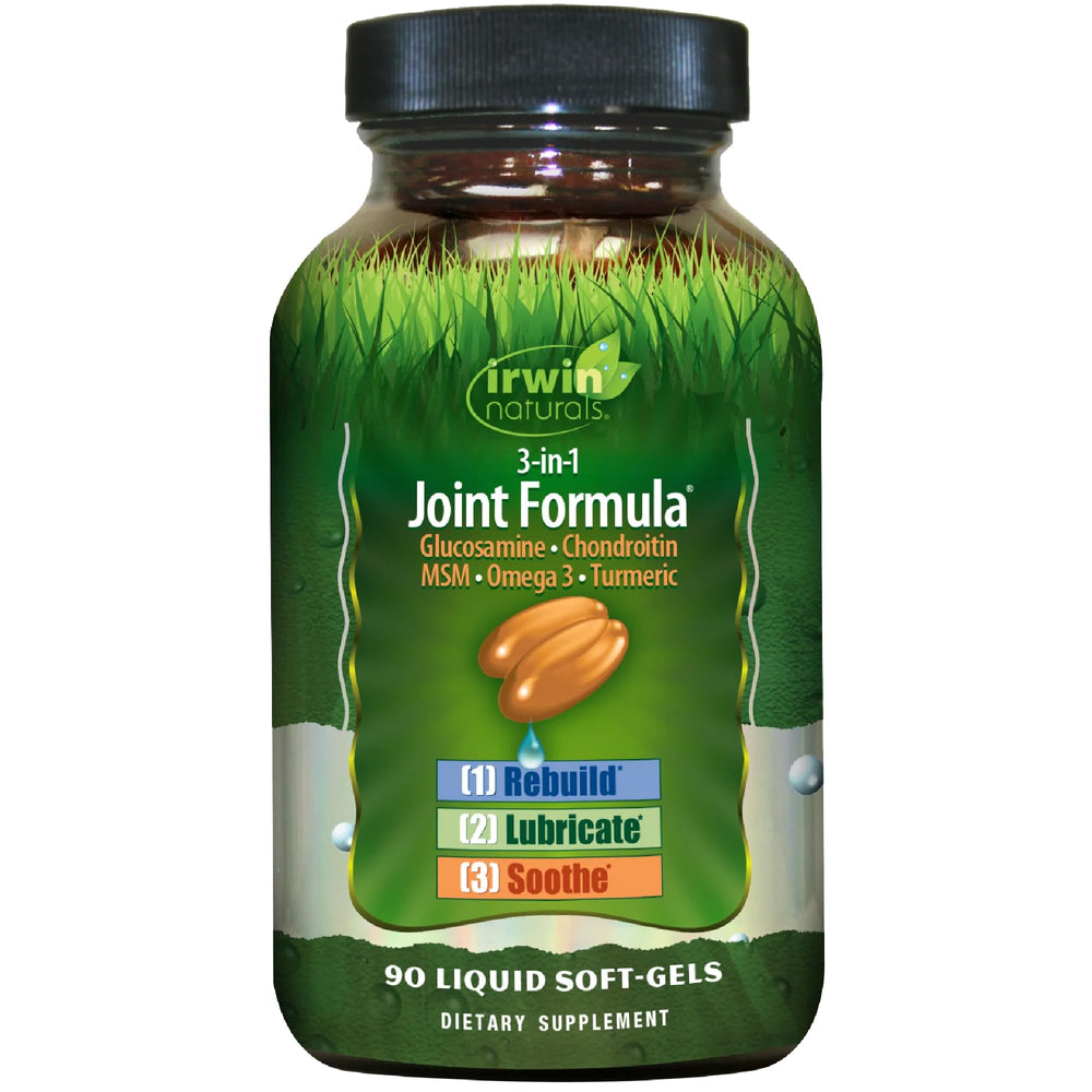 Irwin Naturals 3-in-1 Joint Formula bottle showing label for easy daily dosing.