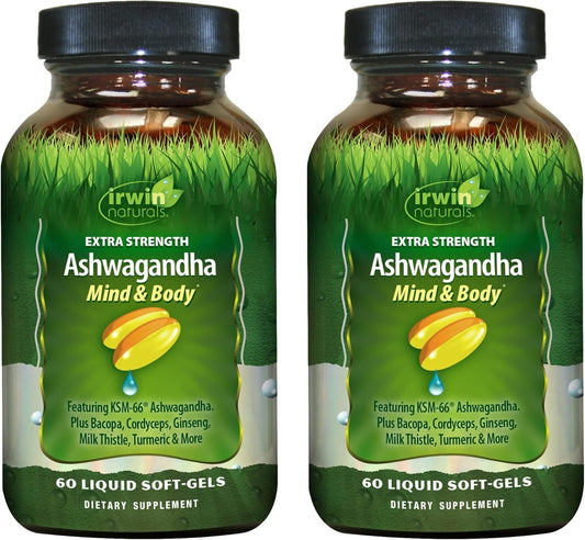 Irwin Naturals Ashwagandha Mind & Body bottle shows softgels for daily focus and calm energy