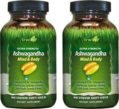 Irwin Naturals Ashwagandha Mind & Body bottle shows softgels for daily focus and calm energy